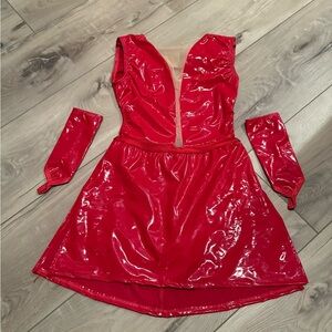 Red faux leather Sleeveless Dance Costume with Gloves